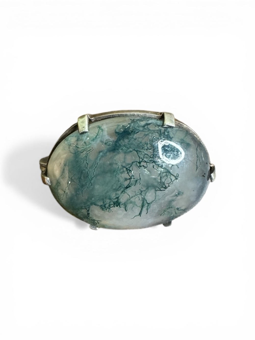 Antique Moss Agate Oval Brooch - Hallmarked Silver